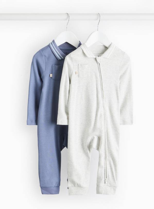 Blue & Grey Collared Sleepsuit 2 Pack Up to 1 mth